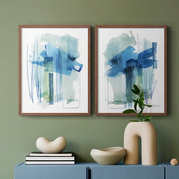 Renditions Gallery Set of 2 Peel & Stick Framed Prints, Modern Abstract Wall Art, Blue and Neutral Bold Brushstrokes Wall Decor, Re-Stickable - Ready to Hang - 8"x10" - Walnut Frame LT588
