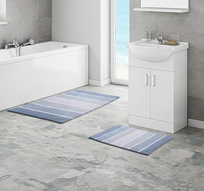 Bathroom Rugs Set 2 Piece Blue/White Luxury Stripe Non-Slip Cotton Bath Mats for Bathroom Floor |Quick Dry Shaggy Carpet for Tub Spa Shower|Living Room Entry Way Door Mats |21x32 & 17x24 Inches