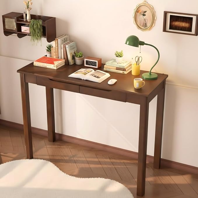 100% Solid Wood Desk with 2 Drawers, 39 x 16 Inch Narrow Mid Century Modern Desk, Vintage Small Wooden Writing Table for Small Spaces Bedroom, Living Room, Office