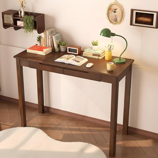100% Solid Wood Desk with 2 Drawers, 39 x 16 Inch Narrow Mid Century Modern Desk, Vintage Small Wooden Writing Table for Small Spaces Bedroom, Living Room, Office