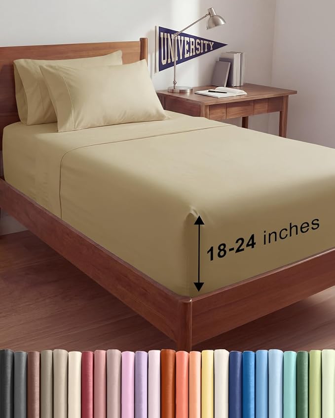 Extra Deep Twin XL Sheet Set - 4 Piece College Dorm Bed Sheets Set with Extra Deep Pockets - Ultra-Soft, Comfy & Breathable Bedding for Women, Men, Kids & Teens - Wrinkle Free & Fade Resistant - Beige