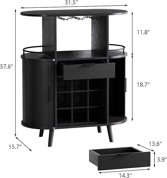 Wine Bar Storage Cabinet, Coffee bar Cabinet for Liquor with Open Wine Rack & Sliding Doors, Modern Home Bar for Living Room, Kitchen, Dining Room（Black