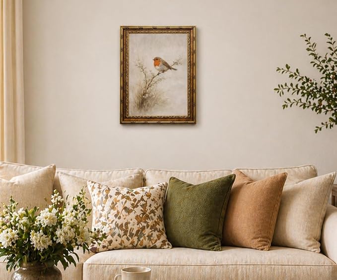 Vintage Gold Framed European Robin Perched on Branch Wall Art - Redbreast Robin Bird on Twig with Flowers Painting Print, Antique Gold Frame Nature Picture Wall Decor 12x16 Inch