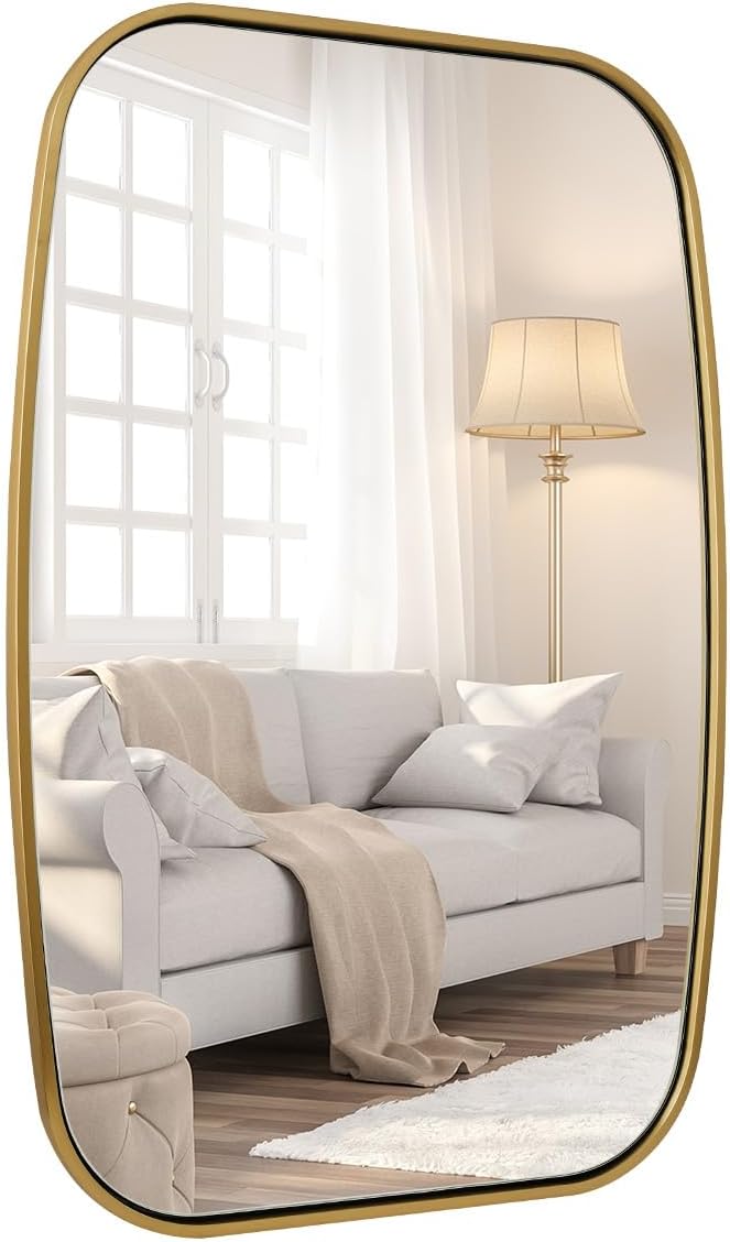 ANDY STAR Brushed Gold Oval Bathroom Mirror, 24x36 Inch Brass Oblong Mirrors for Wall, Modern Vanity Mirror in Stainless Steel Metal Tube Frame, Wall Mount Horizontal or Vertical
