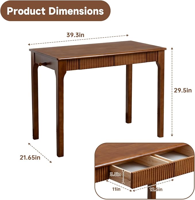 100% Solid Wood Desk with Drawers, Small Home Office Writing Wooden Desk, Vintage Wood Desk for Small Spaces, Bedroom, Work Study Computer Table with Fluted Design and Hooks(Walnut)