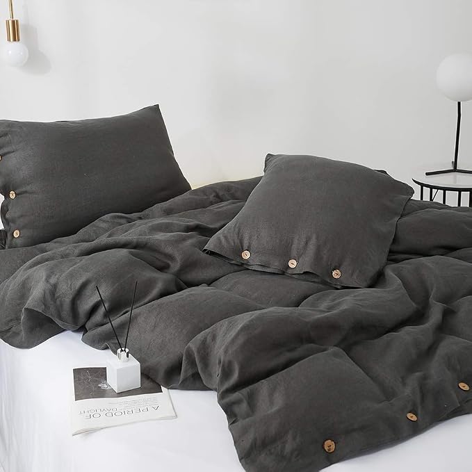 Simple&Opulence 100% Linen Duvet Cover Set 3pcs with Coconut Button Closure Natural French Washed Flax Solid Color Soft Breathable Farmhouse Bedding - Dark Grey, Full Size