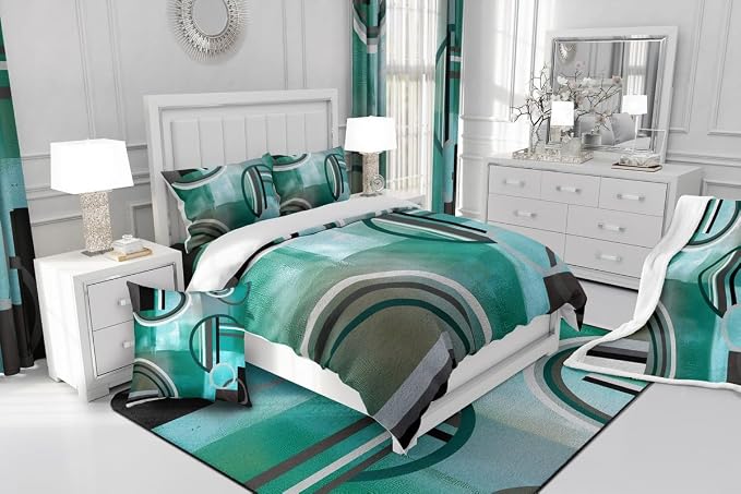 Modern Turquoise Decor Duvet Cover for Kids Teens Youth,Geometric Striped Comforter Cover Full,Mid Century Bedding Set,Grunge Oil Painting Artwork Quilt Cover Soft Room Decor Bedspread Cover,Teal