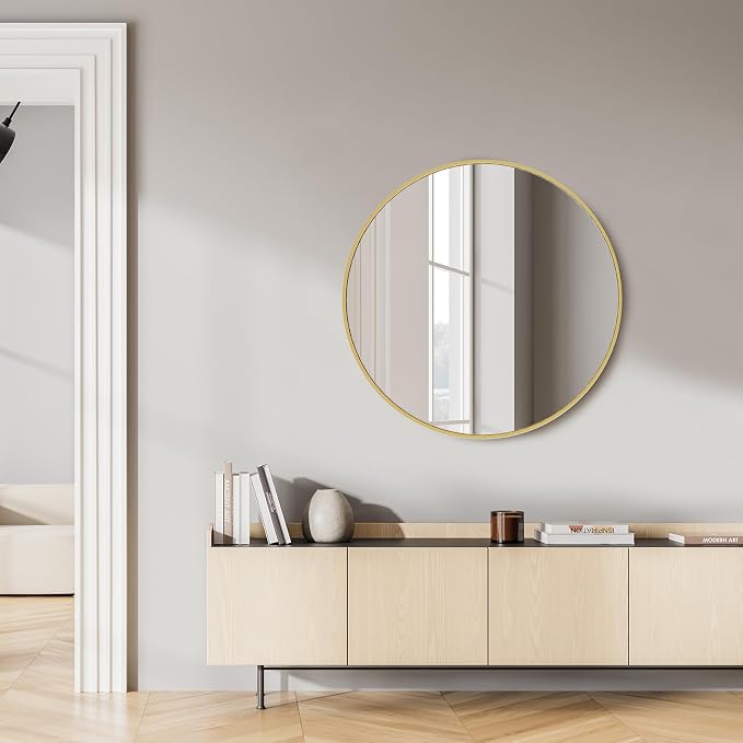 Sweetcrispy 28 Inch Round Wall Mirror with Tempered Glass, Bathroom Mirror Over Sink, Anti-Fog & Waterproof Round Mirrors for Bathroom, Entryway, Bedroom, Shatterproof Design, Gold