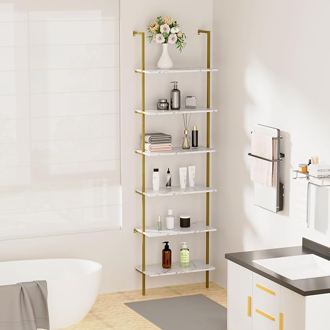 aboxoo Ladder Shelf 6-Tier Bookshelf,White Faux Marble Shelves Wall Mounted Bookshelf Open Storage Rack Display Shelf Plant Stand for Living Room Kitchen Home Office Bedroom