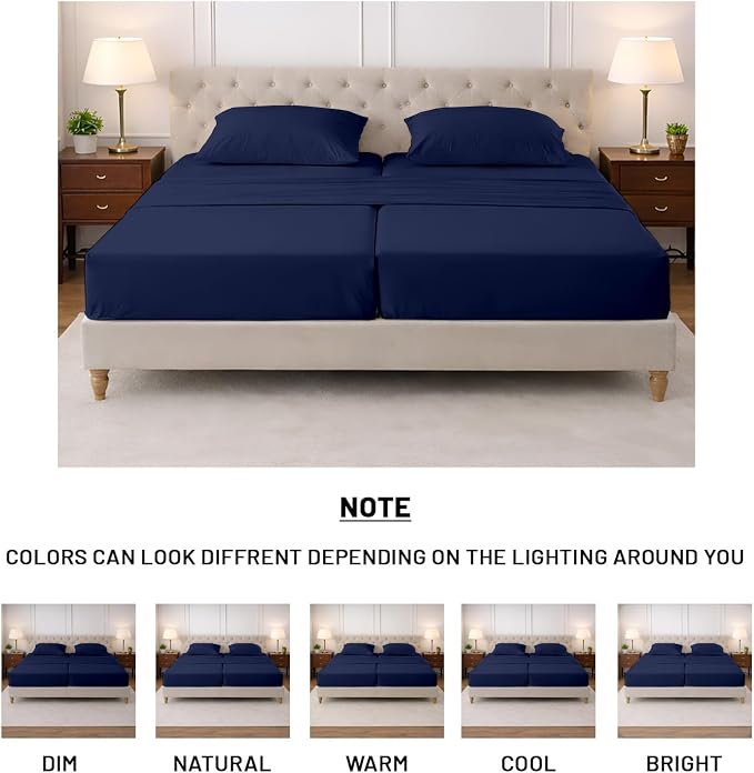 SGI Split King Sheet Set for Adjustable Bed Egyptian Premium Cotton 600 Thread Count Sheets for Sleep Number Bed 15" Deep Pocket 5 Pc Set with 2 Twin XL Fitted Sheets Soft Breathable -Navy Blue