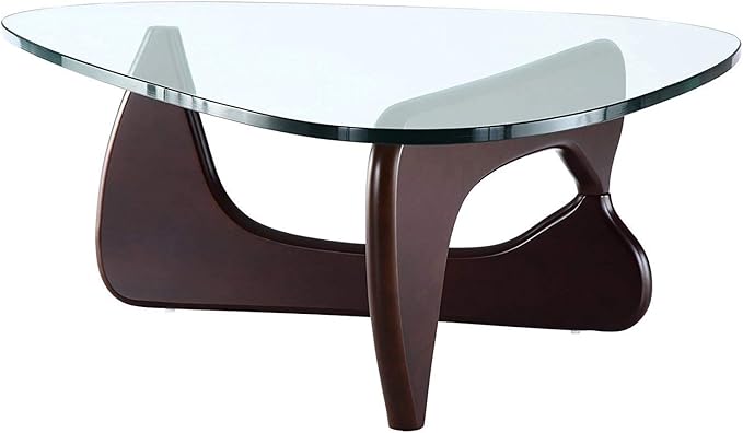 EMODERN FURNITURE - Mid-Century Modern Style Coffee Table Glass Top Hardwood Base (Dark Walnut)