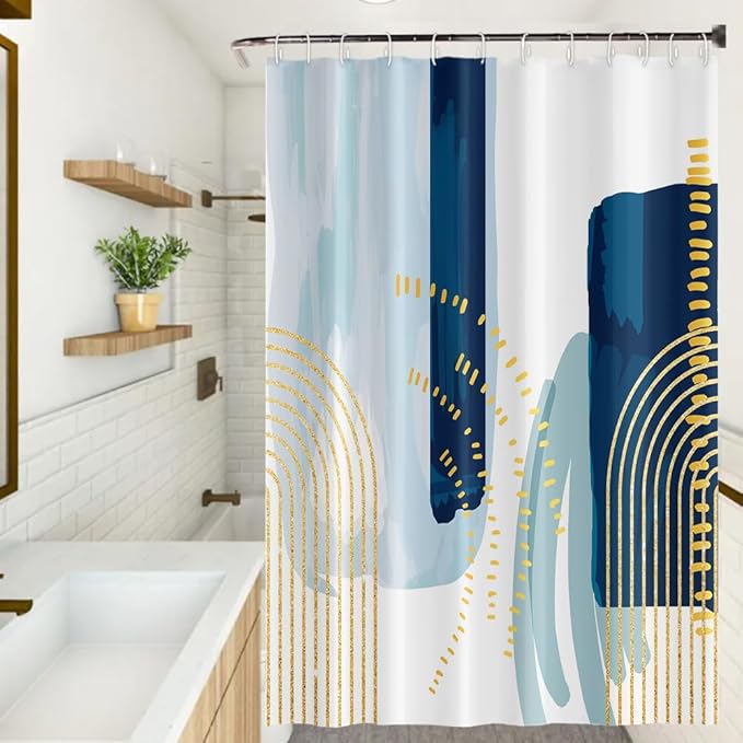 Boho Style Shower Curtain Watercolor Darkblue and Yellow Geometric Pattern Shower Curtains for Modern Abstract Bathroom Waterproof Fabric Decor Set with Hooks, 72W x 96H Inch