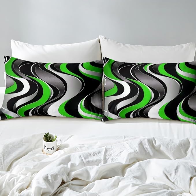 Erosebridal Geometric Wavy Lines Duvet Cover Queen for Kids Teens Adults,Minimalist Abstract Art Comforter Cover,Modern Aesthetic Bedding Set,Green Grey Black Bed Set with 2 Pillowcases Bedroom Decor