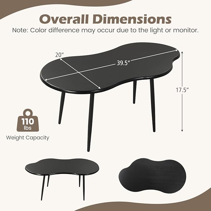 Giantex Small Coffee Table, 39.5" Cloud Center Table with Metal Frame, Unique Irregular Accent Cocktail Tea Table, Modern Wood Coffee Table for Living Room, Small Spaces (Black)
