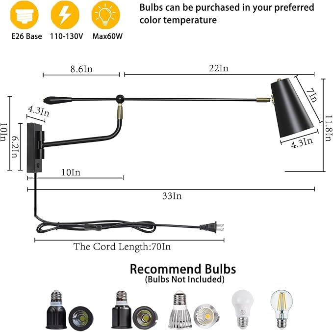 Rotatable Adjustable Direction Swing Arm Wall Sconce, 33" Dual Power Modes Plug-in/Hardwired, Vintage Industrial Black Wall Lamps for Living Room Bedroom Dining, E26 Bulb
