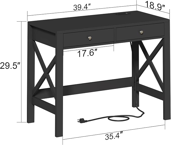 ChooChoo Computer Desk with USB Charging Ports and Power Outlets, Modern Simple 40 Inches Desk with Drawers, Makeup Vanity Console Table, Black