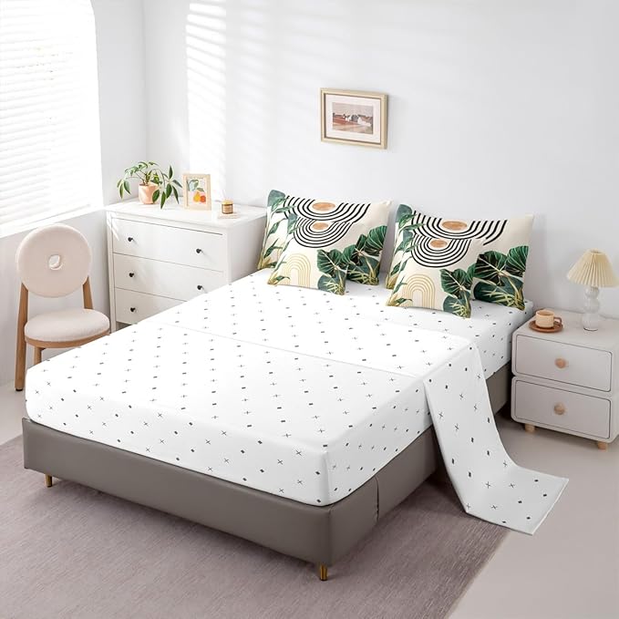 Erosebridal 7 Pcs Mid Century Boho Comforter Set Full Size Abstract Art Simple Bedding Sets,Minimalist Tropical Palm Leaves Bed in a Bag Modern Bohemian Style Quilt with Flat Fitted Sheet,Green Gold