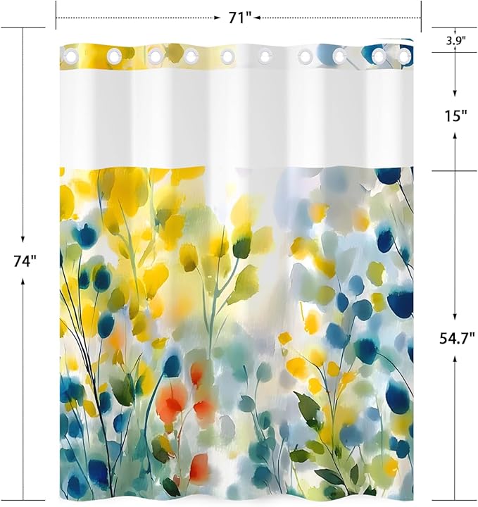 No Hook Shower Curtain with Snap in Liner, Watercolor Floral Wildflower Print Waterproof Bath Tub Curtain for Modern, Cottagecore, Boho Bathroom Decor, See Through Top, 71 x 74 Inch