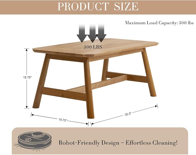 CIMOTA Coffee Table, Mid-Century Modern Rectangular Center Table, Solid Natural Wood Tea Table for Living Room, Light Wood Finish, 35.5" x 20"