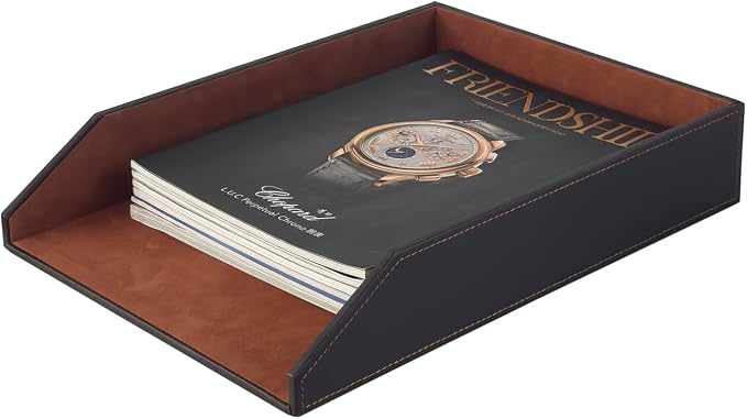 UnionBasic Stackable Document Paper Letter Tray, Faux Leather Desktop File Sorter Organizer Tray, Brown