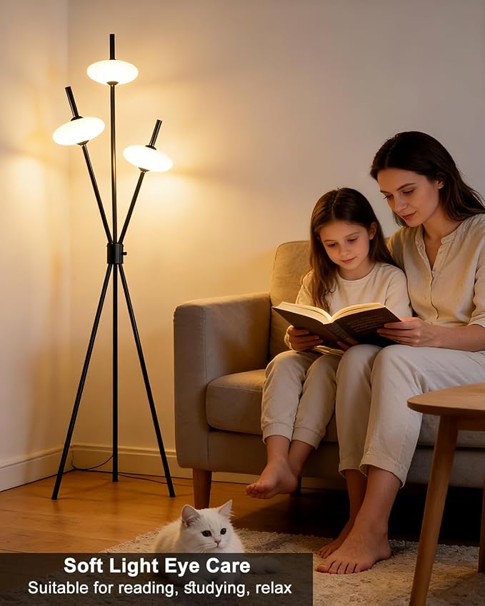 Lightdot Tripod Floor Lamp Stepless Dimmable Black Standing Tall Lamps with 3PCS Elliptical Lampshades Mid Century Modern Floor Lamps for Living Room/Bedroom/Sofa Beside/Corner Decor