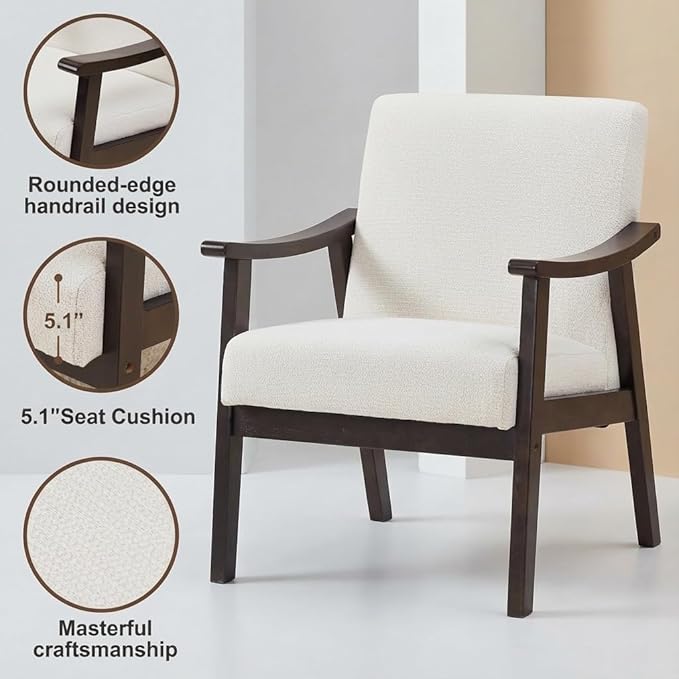 Mid-Century Modern Accent Chair, Upholstered Arm Chair Solid Wood Frame for Lounge, Living Room, Reading Room, Bedroom (Ancient White)