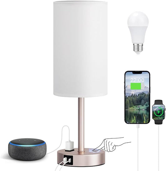 Fenmzee Antique White Bedside Table Lamp for Bedroom - 3 Way Dimmable Touch Lamp USB C Charging Ports and AC Outlet, Small Lamp Gold Base Round Flaxen Fabric Shade for Living Room, Desk