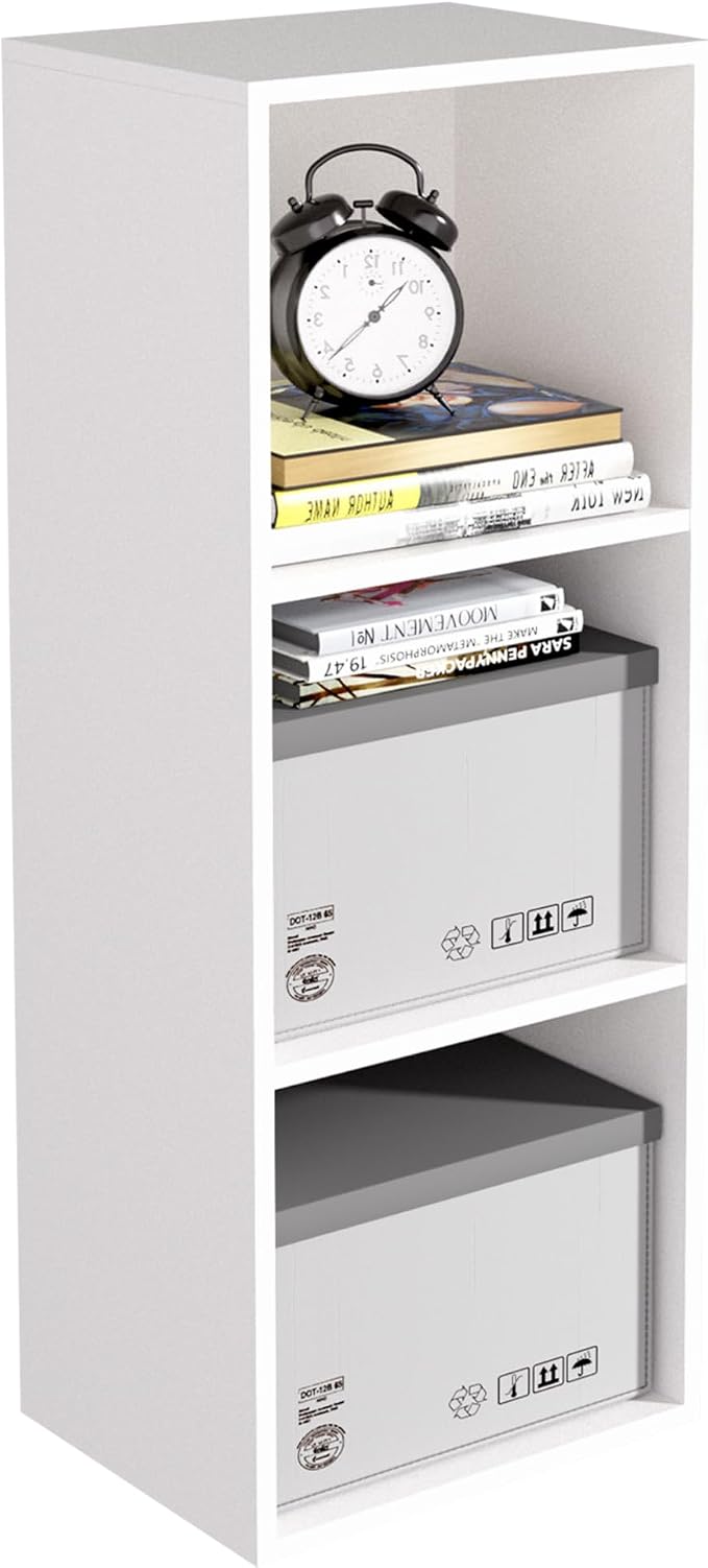 Wooden 3 Cube Storage Organizer, 3 Tier Storage Cubes Storage Display Cubby, Freestanding DIY Closet Shelving Unit for Living Room Bedroom Office (White, 3 Cube-W(11.8inch)