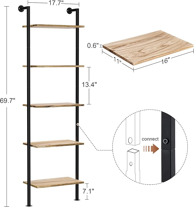 Acovy 5-Tier Bookshelf Solid Wood Ladder Shelf, Narrow Book Shelf Display Shelf, Wooden Bookcase, Wall Mount Ladder Shelf, Storage Rack for Living Room, Bedroom, Industrial Style, Rustic Brown
