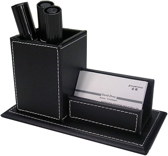 KINGFOM 7-Piece Desk Organizer Set for Home & Office, Includes File Holder, Tissue Box Cover, Desk Pad, Note Paper Holder, Pen Holder, Black