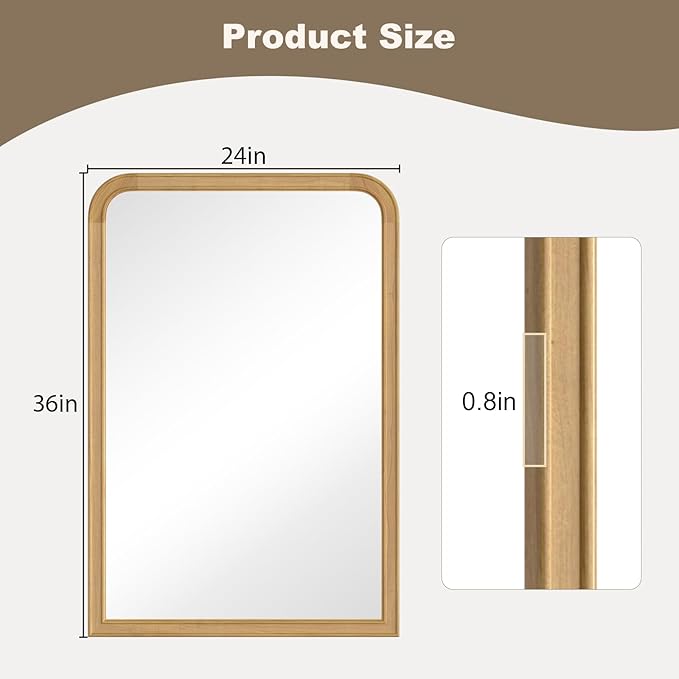HOMECOOKIN 24" x 36" Wood Framed Mirror Bathroom Mirrors for Wall, Natural Arched Wood Bathroom Vanity Mirror for Entryway, Living Room or Bedroom Home Decor