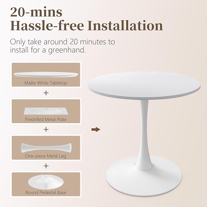 31.5 Inch Round Dining Table,Mid-Century Tulip Table with Metal Pedestal Base,Modern Leisure Table for Small Space Kitchen Dining Room,Easy Assembly,White