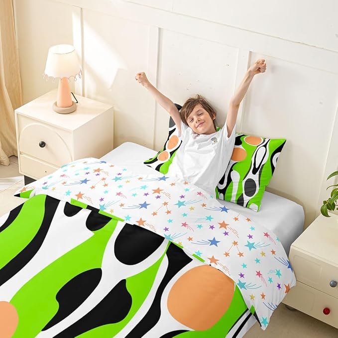 Organic Geometric Duvet Cover Set Modern Abstract Girl Toddler Bedding Set for Kids Teens Child Retro Mid Century Comforter Cover Modern Fluid Art Irregular Circles Bed Sets,Lime Green Peach