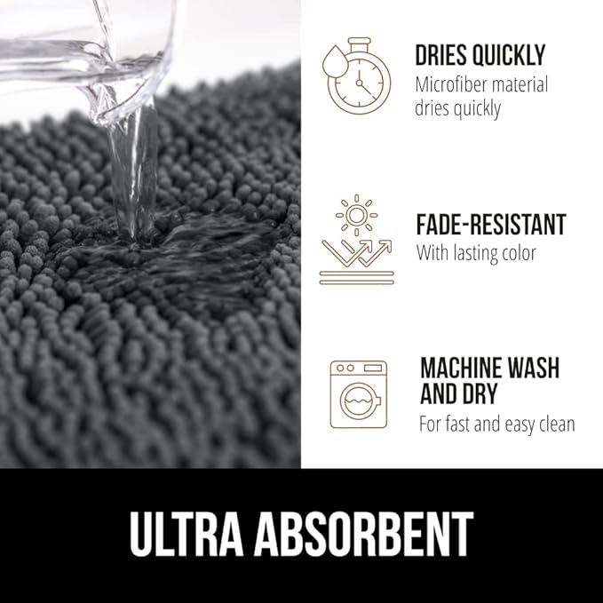 GORILLA GRIP Bath Rug Mat 30x20, Thick Soft Absorbent Chenille, Quick Dry Microfiber Mats, Rubber Backing Washable Shower Floor Rugs, US Designed Bathroom Bathmat Home Decor Accessories, Charcoal