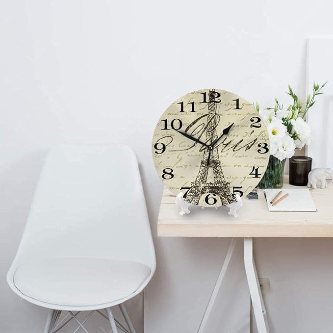 Vintage Eiffel Tower Wall Clock Battery Operated Silent Round Clock Paris Theme Wall Decor for Home, Office, School 9.8 Inch