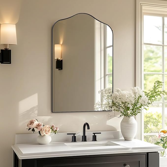 ANDY STAR Scalloped Arched Mirror, 22x35 Matte Black Irregular Wall Mirror for Bathroom Vanity with Metal Frame for Living Room, Entryway, Fireplace, Mantel, with Stainless Steel Frame