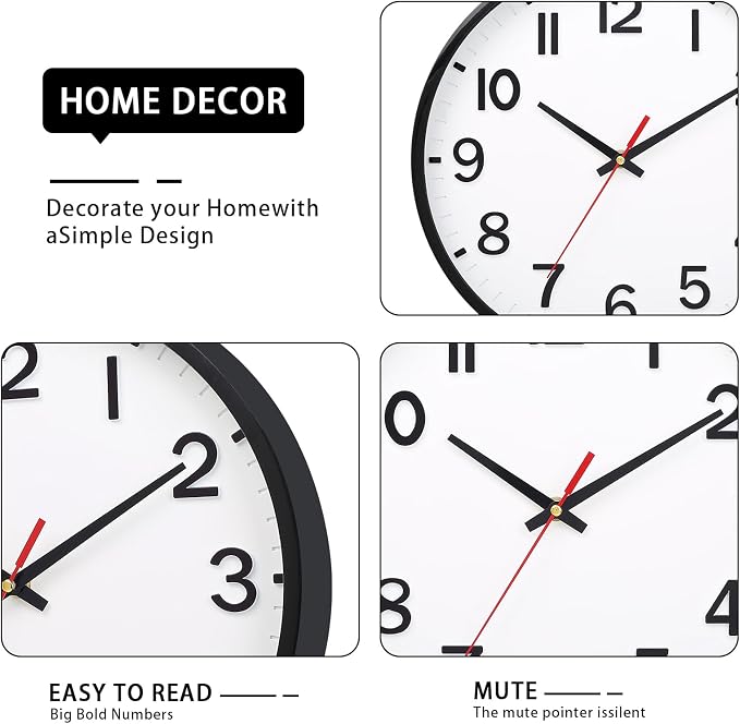 Wall Clocks Battery Operated 12 inch Modern Wall Clock,Silent Non Ticking Wall Clock for Living Room Bedroom Kitchen Office Classroom Decor (White and Black)
