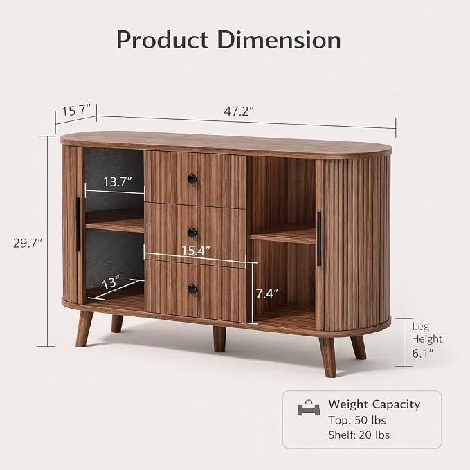 47.2" Mid-Century Modern Fluted Sideboard Buffet Cabinet with Tambour Sliding Doors, 3 Drawers & Adjustable Shelves, Walnut Storage Credenza Console for Living Room, Entryway (Walnut brown)