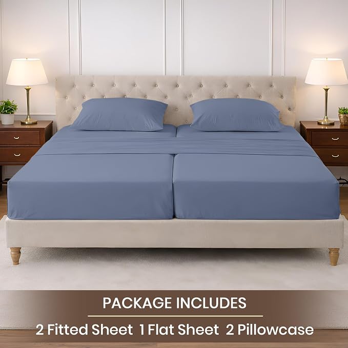 SGI Split King Sheet Set for Adjustable Bed Egyptian Premium Cotton 600 Thread Count Sheet for Sleep Number Bed 15" Deep Pocket 5 Pc Set with 2 Twin XL Fitted Sheets Soft Breathable Mediterranean Blue