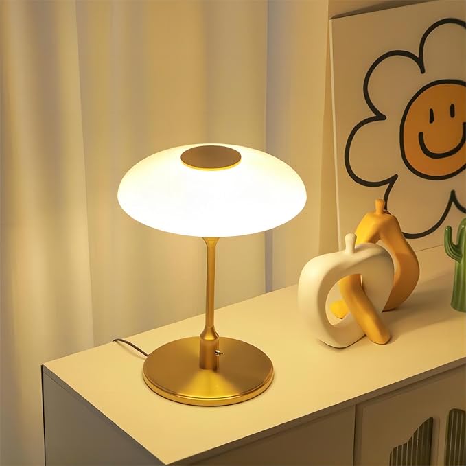 Table Lamp, Metal and Glass Modern Bedside Lamp, Decorative Table Light, Table Lamp for Living Room Bedroom Study Room, 12.6 * 16.5 Inch, Gold & White