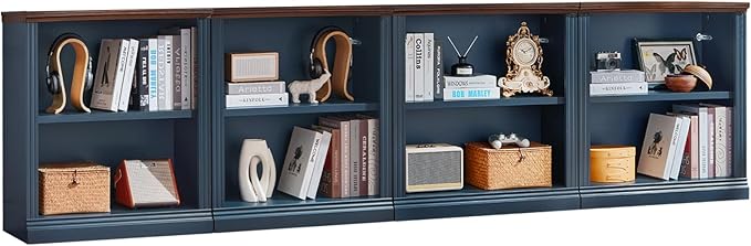 RWYHG 30" Blue Bookshelf Set of 4,2-Tier Thick Wood Book Shelf with Adjustable Shelve,Free Standing Farmhouse Bookcase with Open Display Storage,Floor Vintage Bookshelves for Living Room,Office