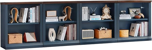 RWYHG 30" Blue Bookshelf Set of 4,2-Tier Thick Wood Book Shelf with Adjustable Shelve,Free Standing Farmhouse Bookcase with Open Display Storage,Floor Vintage Bookshelves for Living Room,Office