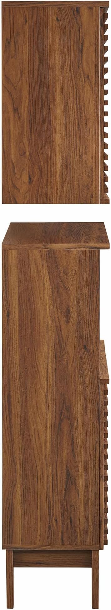 Modway Render Bathroom Cabinet Set in Walnut - Freestanding Linen Cabinet and Wall Mounted Storage with Slatted Doors, Adjustable Shelves