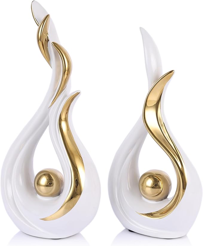 2PCS Abstract Flame Ceramic Sculpture Set – Modern Figurines for Living Room Table Centerpiece, Dining Table Decor, Bedroom Table Decor, Shelf Sculpture, Fireplace, and Home Decoration (White Gold)