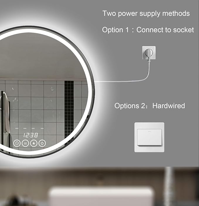 Wall-Mounted Round Bathroom Mirror with LED-Lights - 32 Inch Frame Vanity Mirrors(32" x 32", Black)