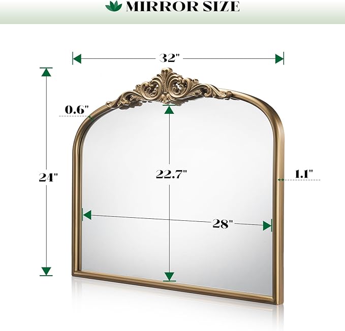 Arched Antique Gold Wall Mirror, 32"x24" Large Vintage Gold Bathroom Wall Mirror Over Sink, Ornate Arch Bronze Mirror for Fireplace, Entryway, Bedroom Over Vantiy, Haning or Leaning