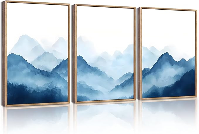 KUVIOKE Blue Watercolor Mountains in Fog Framed Wall Art Wilderness Nature Landscape Painting Rustic Scenic Relax Cool Room Decor for Bedroom Dining Room 12x16in (Natural Framed)