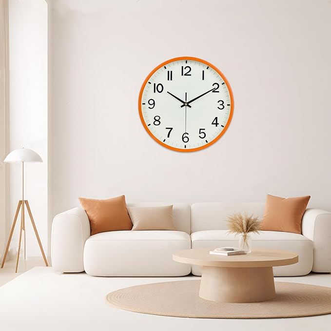 Wall Clocks Battery Operated 12 inch Modern Wall Clock,Silent Non Ticking Wall Clock for Living Room Bedroom Kitchen Office Classroom Decor (Beige and Orange)
