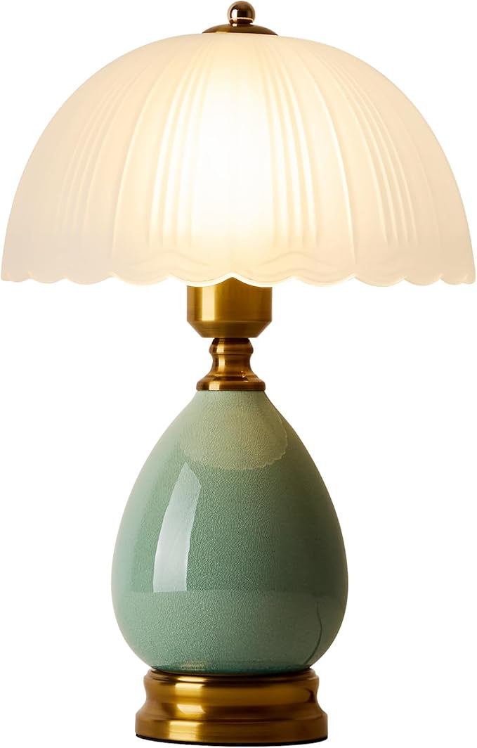 Ceramic Table lamp, Modern Bedside Lamps Green Mid Century Vintage Desk Lamp Retro Glass Mushroom Traditional Lamp for Nightstand Living Room Bedroom Home Decor (S04GN-1PACK)