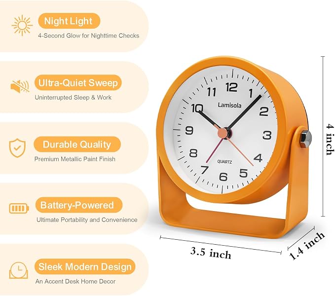 Lamisola 3.5 Inch Small Desk Alarm Clock, Battery Operated Analog Silent Clock with Night Light, Retro Vintage Metal Bedside Clock for Bedroom, Office, Bathroom, Dorm, Shelf, Table - Orange
